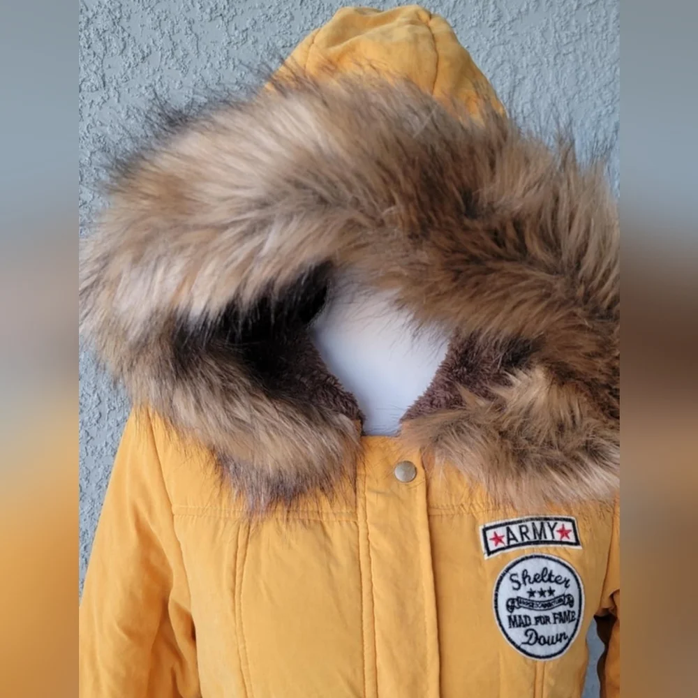 Faux Fur Lined Jacket Mustard Yellow, Hooded, Full Zip